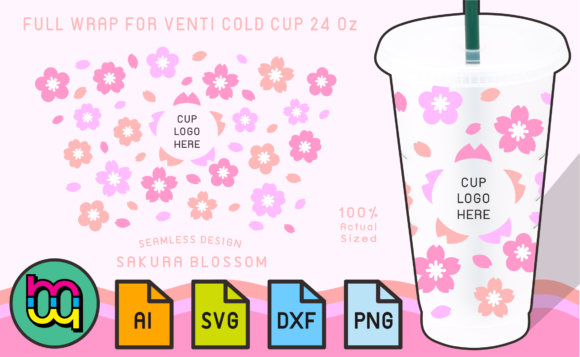 24oz Cold Cup Full Wrap Sakura Blossom Graphics and Print Templates