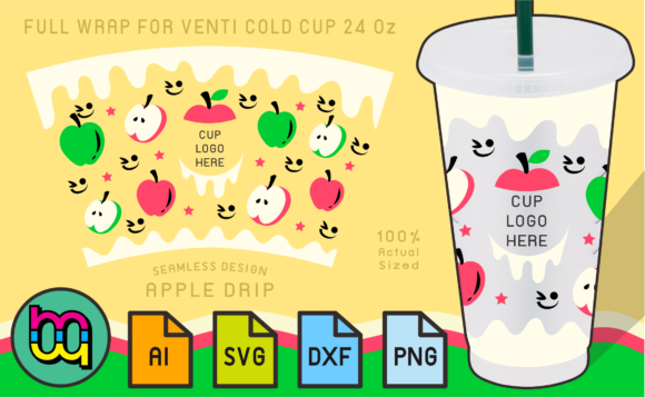 24oz Venti Cold Cup Fullwrap Apple Drip: Graphics and Print Templates