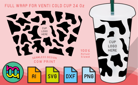 24oz Venti Cold Cup Fullwrap Cow Print Graphics