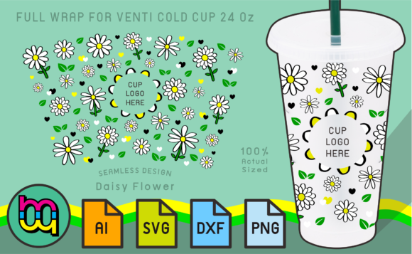 24oz Venti Cold Cup Fullwrap Cute Daisy – Graphics and Print Templates
