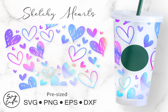 24oz Venti Cold Cup Sketchy Hearts Graphics