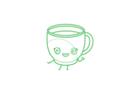 Coffee Cup Cartoon Kawaii Green Outline Graphics